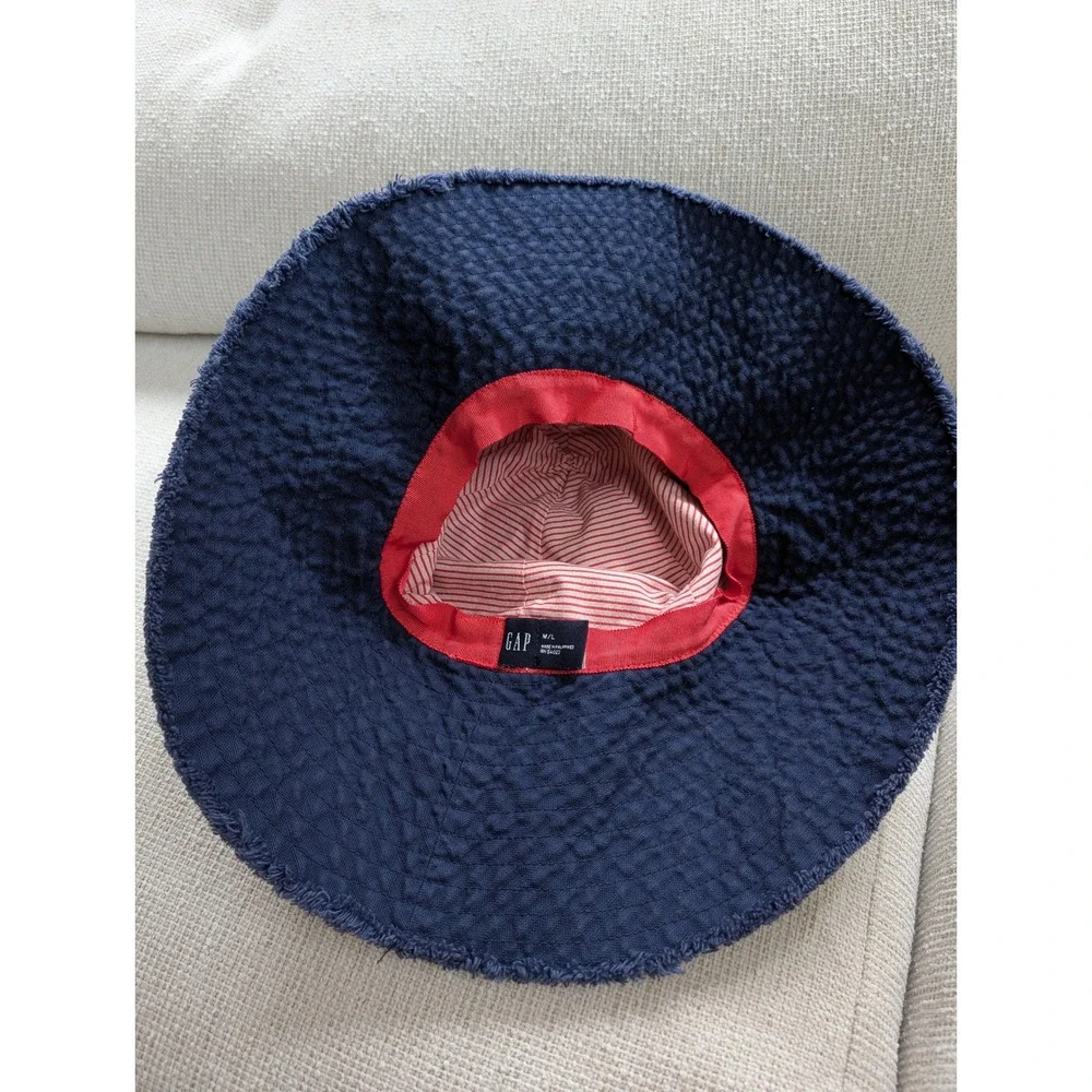 Vintage Gap Blue Textured Wide Brim Sun Hat Raw Hem Red Striped Lining Women M/L